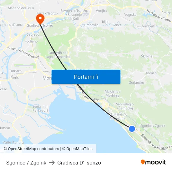 Sgonico / Zgonik to Gradisca D' Isonzo map