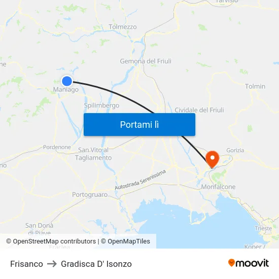 Frisanco to Gradisca D' Isonzo map