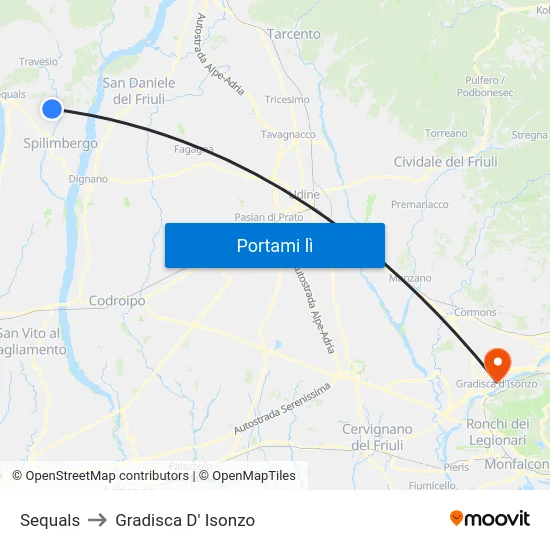 Sequals to Gradisca D' Isonzo map