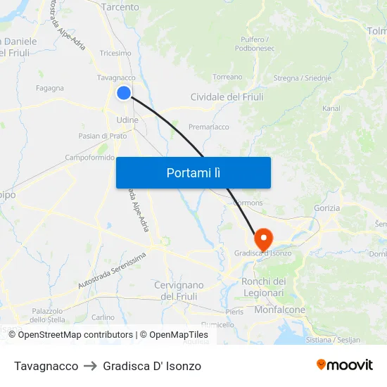 Tavagnacco to Gradisca D' Isonzo map