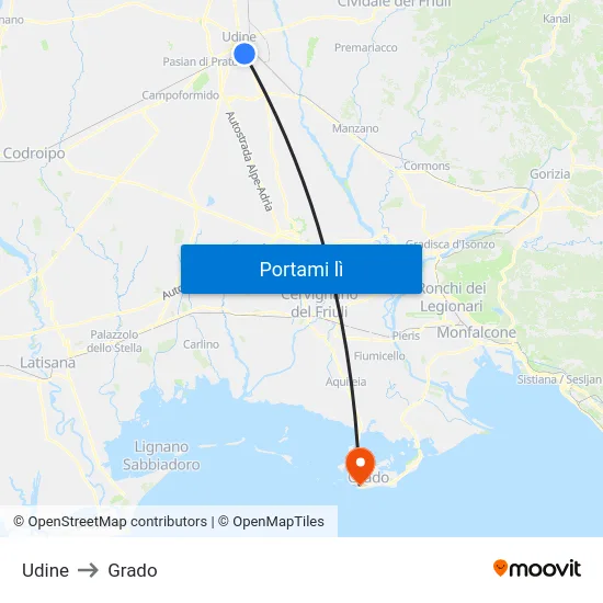 Udine to Grado map