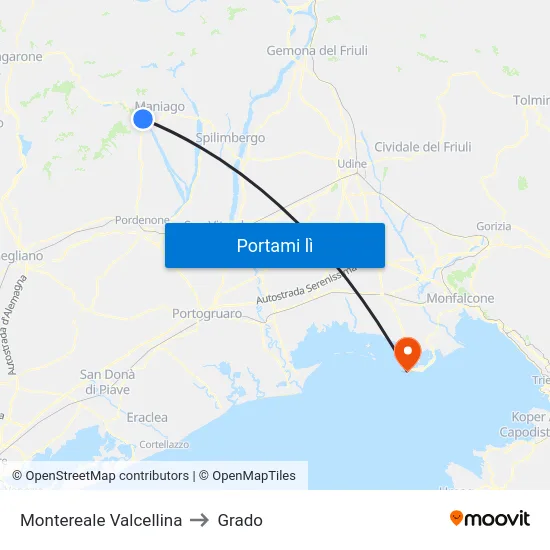 Montereale Valcellina to Grado map