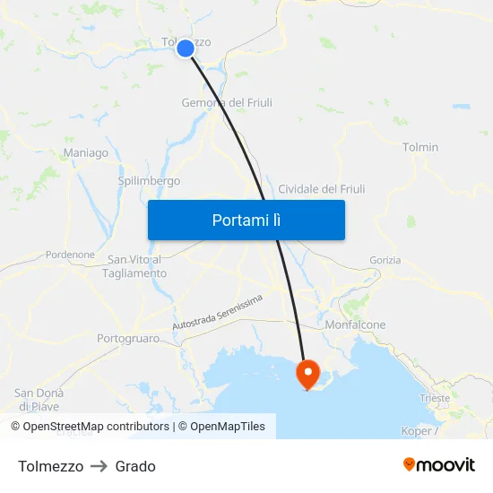 Tolmezzo to Grado map