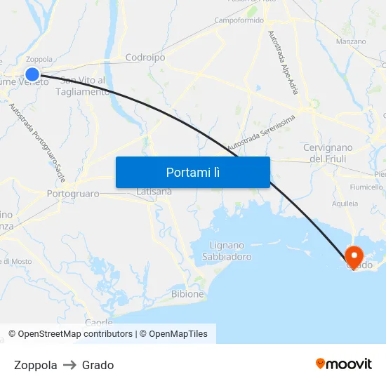 Zoppola to Grado map