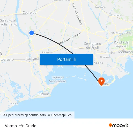 Varmo to Grado map