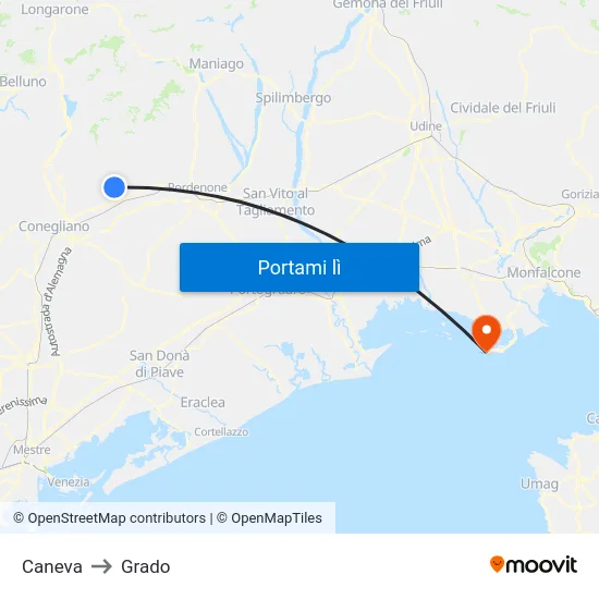 Caneva to Grado map