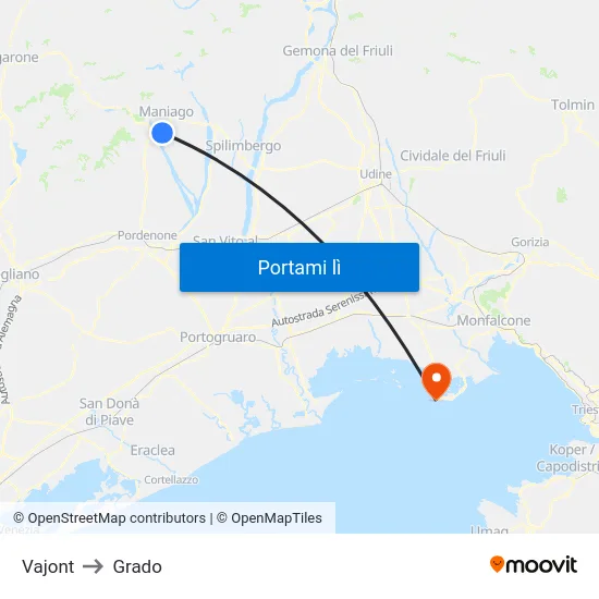 Vajont to Grado map