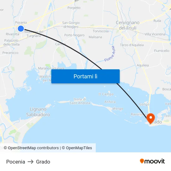 Pocenia to Grado map