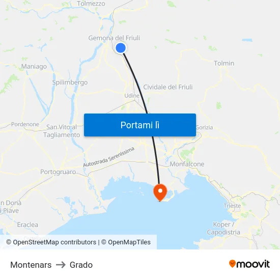 Montenars to Grado map