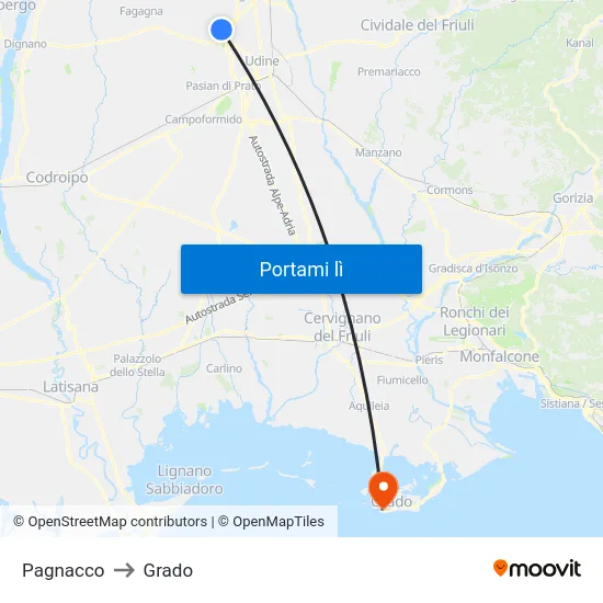 Pagnacco to Grado map