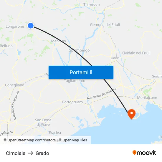 Cimolais to Grado map