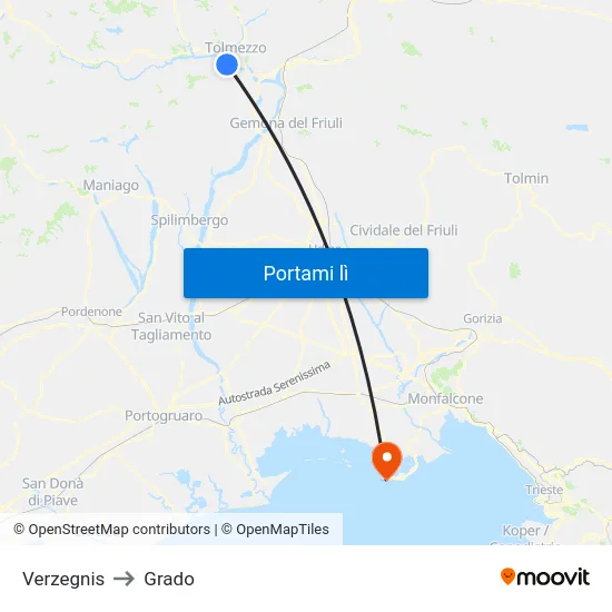 Verzegnis to Grado map