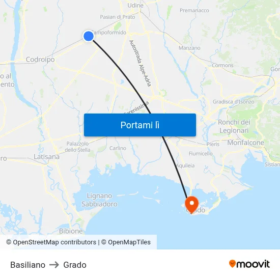 Basiliano to Grado map