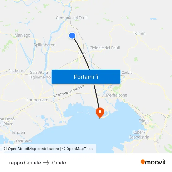 Treppo Grande to Grado map