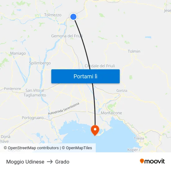 Moggio Udinese to Grado map