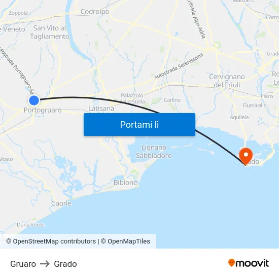 Gruaro to Grado map