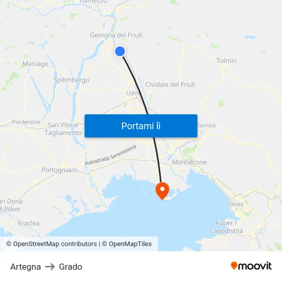 Artegna to Grado map