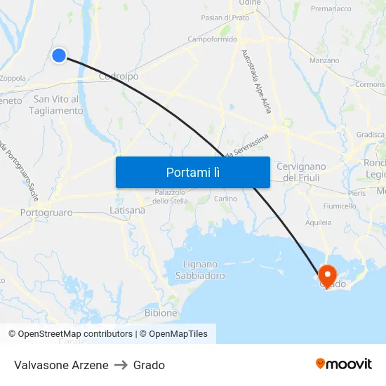 Valvasone Arzene to Grado map