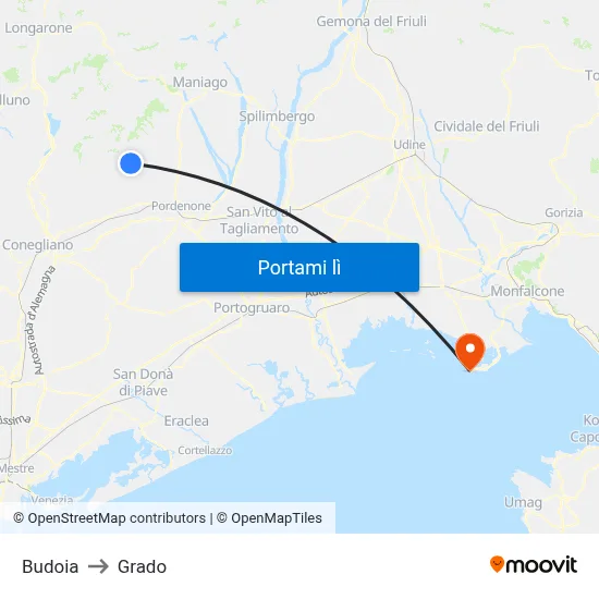 Budoia to Grado map