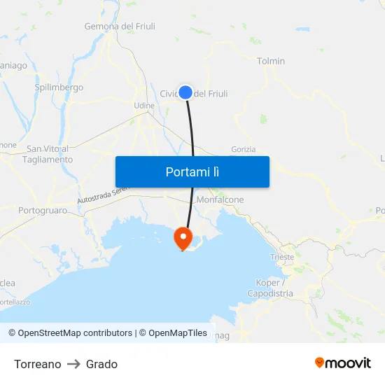 Torreano to Grado map