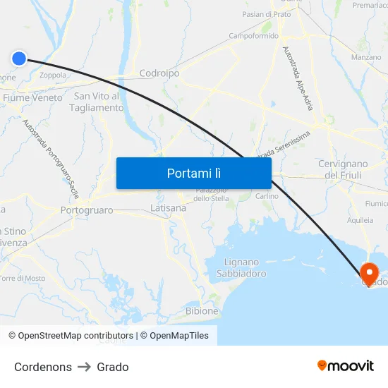 Cordenons to Grado map