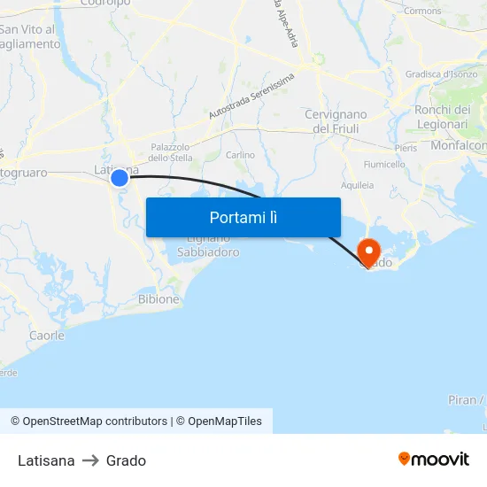 Latisana to Grado map