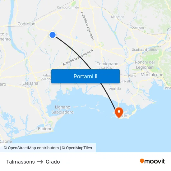 Talmassons to Grado map