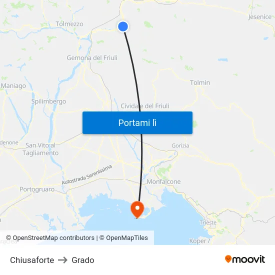 Chiusaforte to Grado map