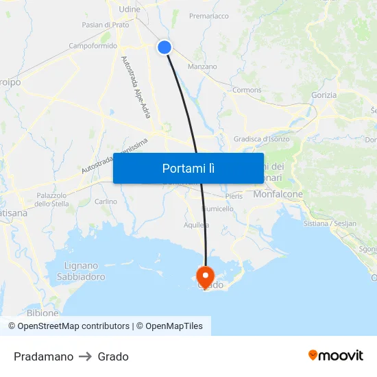 Pradamano to Grado map