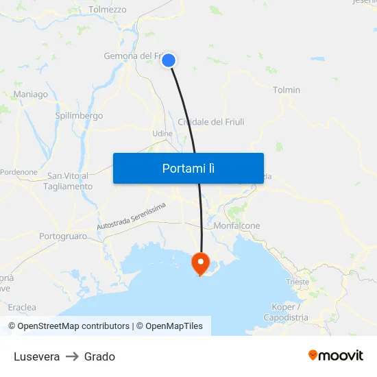 Lusevera to Grado map