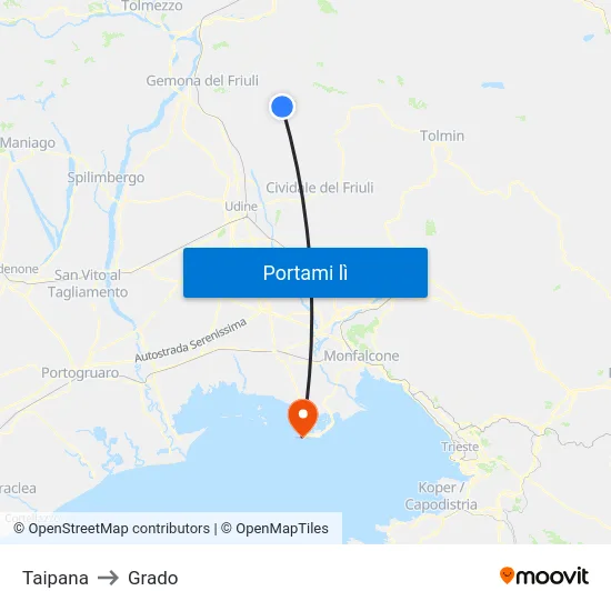 Taipana to Grado map