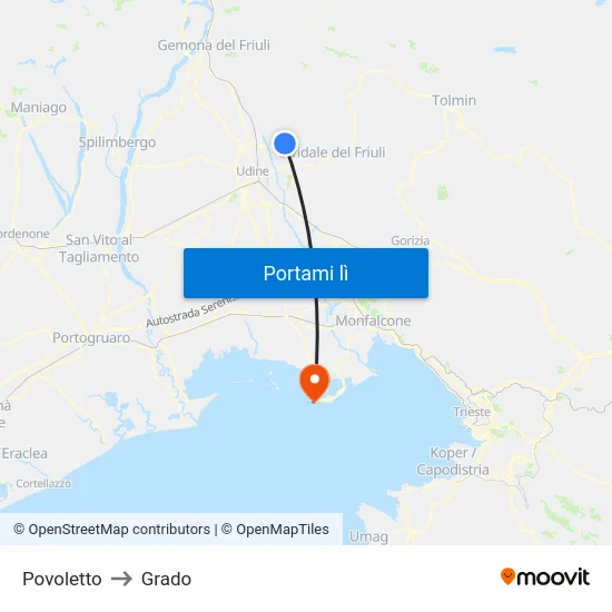 Povoletto to Grado map