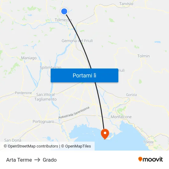 Arta Terme to Grado map