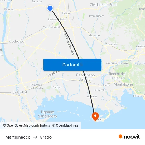 Martignacco to Grado map