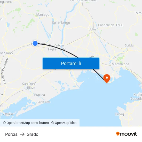 Porcia to Grado map