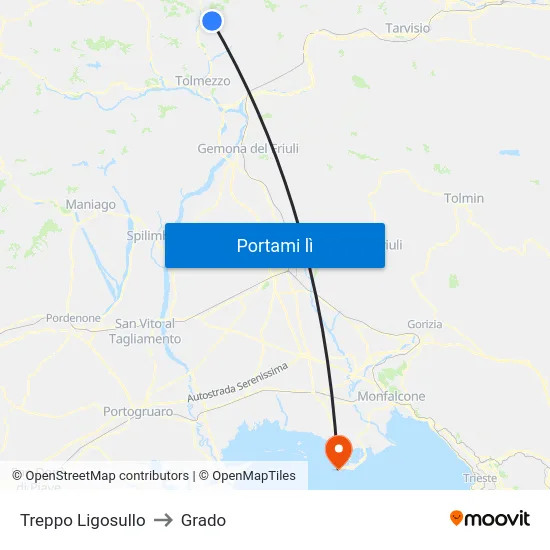 Treppo Ligosullo to Grado map