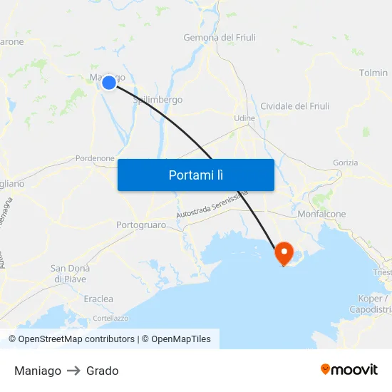 Maniago to Grado map