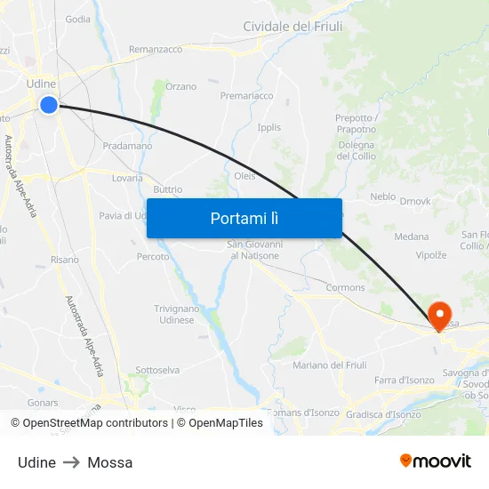Udine to Mossa map