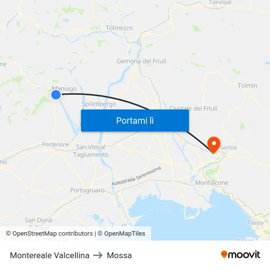 Montereale Valcellina to Mossa map