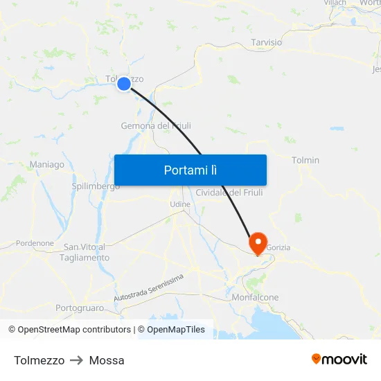 Tolmezzo to Mossa map