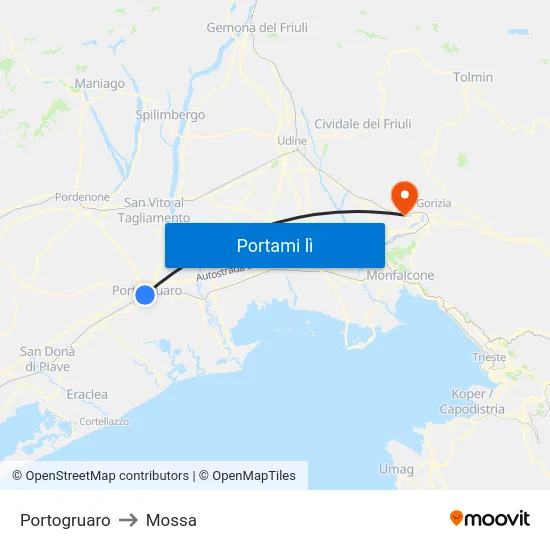 Portogruaro to Mossa map