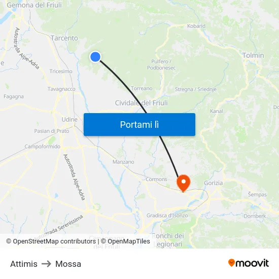 Attimis to Mossa map