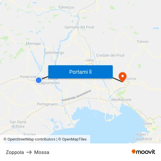 Zoppola to Mossa map