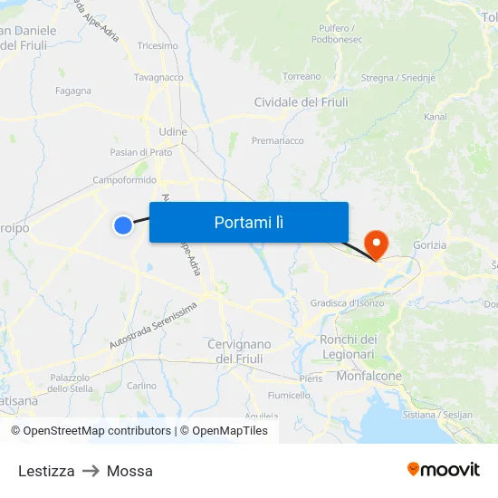 Lestizza to Mossa map