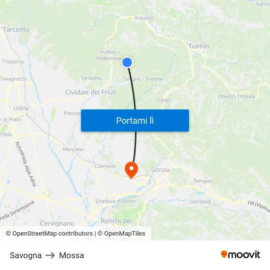 Savogna to Mossa map