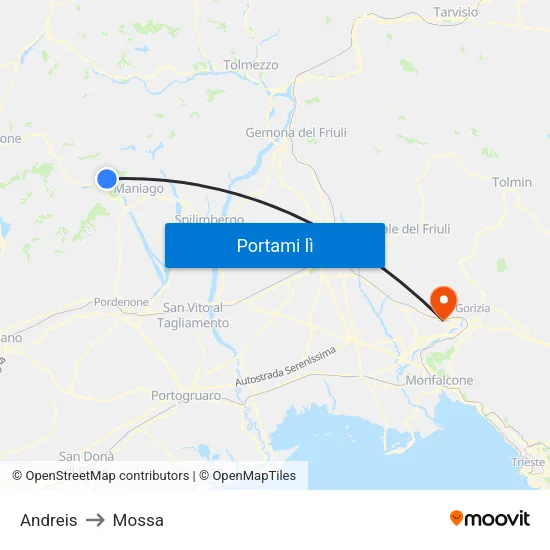 Andreis to Mossa map