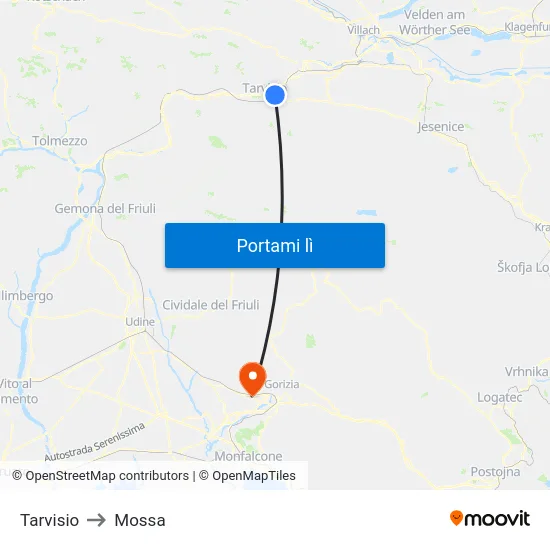 Tarvisio to Mossa map