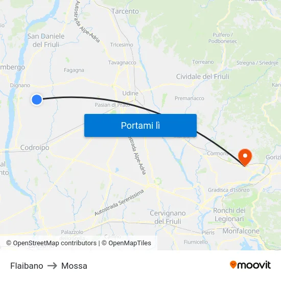Flaibano to Mossa map
