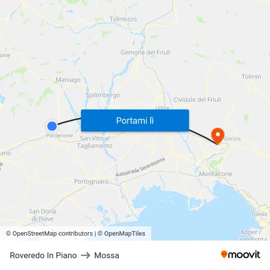 Roveredo In Piano to Mossa map