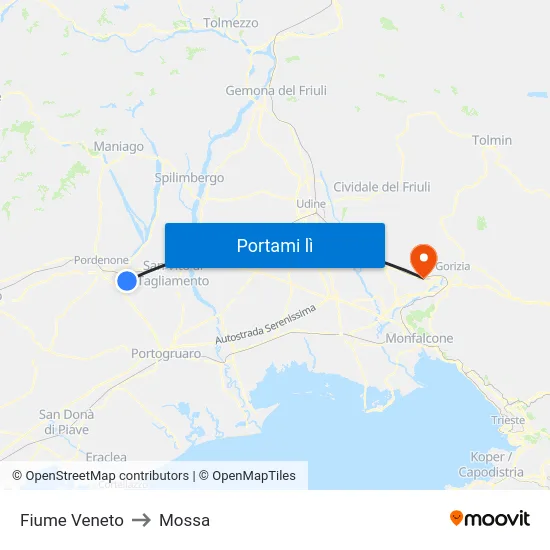 Fiume Veneto to Mossa map